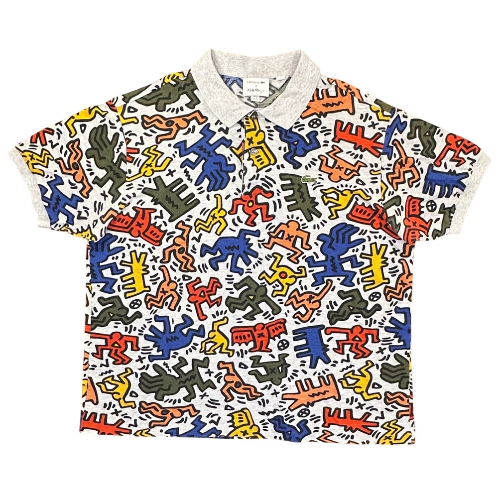 Limited Edition Lacoste x Keith Haring Polo Shirt Gray Multi Pop Art Print US XL
